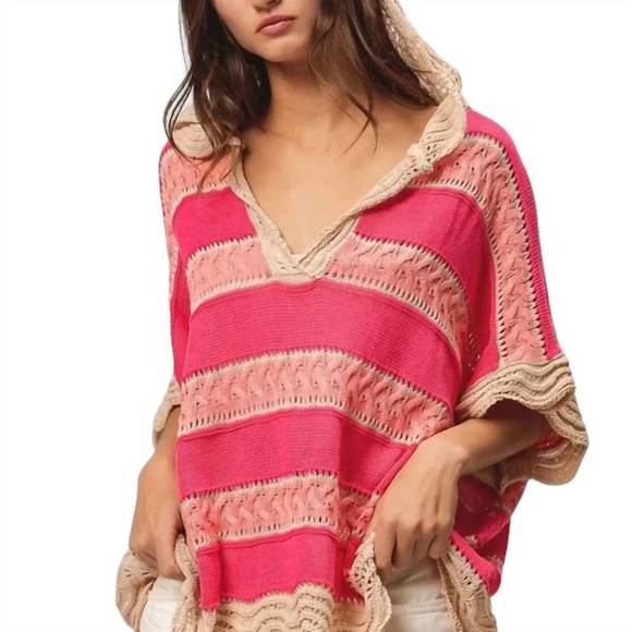 BIBI Tops - NEW BIBI stripe waved hem crochet hoodie in fuschia